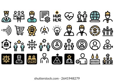 Collection of business and industry icons depicting various concepts and professions in a flat style.