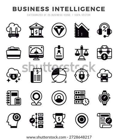 Collection of Business Intelligence 25 Lineal Filled Icons Pack.