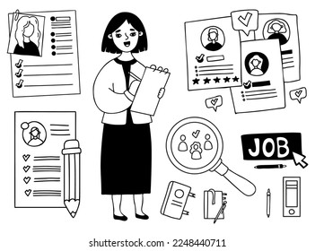 Collection business and job. Business woman selects resumes, questionnaires, considers job applicants, documents and stationery. Vector outline drawing. isolated doodle.