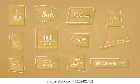 Collection business labels in vector. Design web stickers with text for sale. Yellow geometric frame with reflection and shadow.