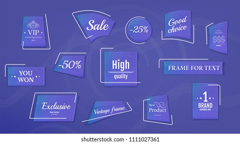 Collection business labels in vector. Design web stickers with text for sale. Blue geometric frame with reflection and shadow.