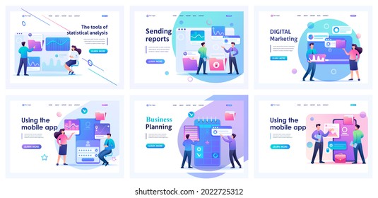 Collection of business landing pages. Men and women manage business processes, planning, digital marketing, strategies. Flat Cartoon characters