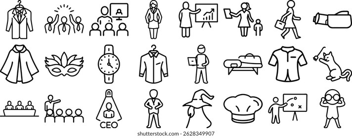 Collection of business and lifestyle set icon illustrations representing various professional and leisure activities