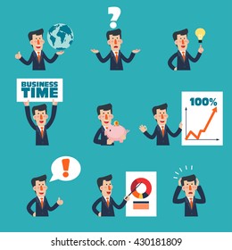 Collection of business man characters in various poses and situations. Set of young business man portraits doing different gestures