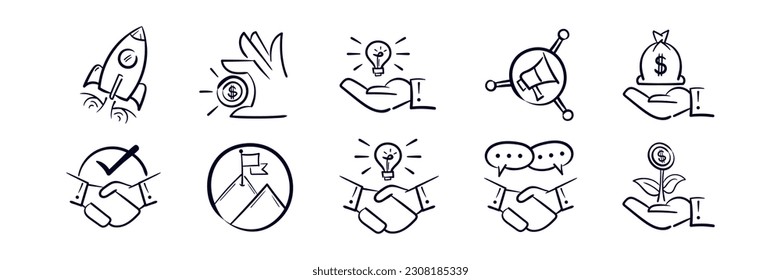 Collection of business management and financial doodle elements. Mission target, income, partnership, idea innovation, explore, agreement, profit, affiliation, negotiation, investment. Hand drawn icon