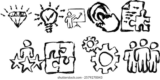 Collection of Business Management Icons in doddle style. Hand drawn collection containing Icons like Vision, Mission, Values, Human Resources, Experience and more.