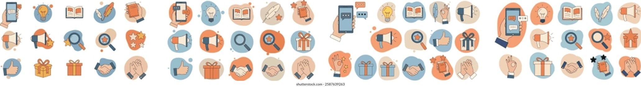 A collection of business and marketing icons including handshake digital marketing book magnifying glass gift box and communication symbols