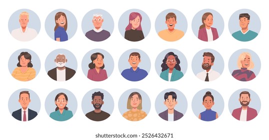 Collection of business men and women avatars in a circle. Set of portraits of male and female of different ages and races. Vector illustration in flat style