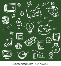 collection of business objects / doodle cartoon vector and illustration, hand drawn, chalk style, isolated on green background.