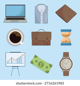 Sammlung von Business-Office-Mitarbeiter Elemente einschließlich Handuhr Laptop-Charts Kaffee Geld Geldbörse und Sanduhr im flachen Stil