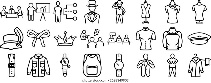 Collection of business people and fashion clothing items in minimalistic black line art set icon for design elements
