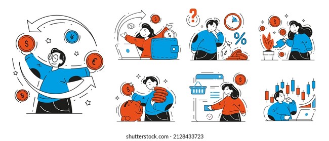 Collection business people and financial success vector flat illustration. Set of man and woman currency exchange, remotely job, making money, microloan, deposit savings, mobile payment isolated