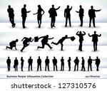 Collection of business people outlines in different positions, mainly in the theme of presentation and running