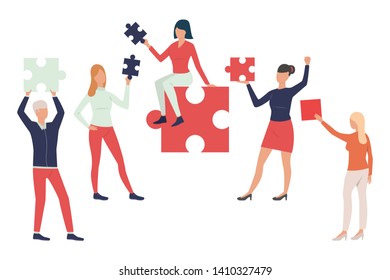 Collection of business people with puzzle pieces. Business team connecting jigsaw puzzle. Vector illustration for promo, commercial, tutorial