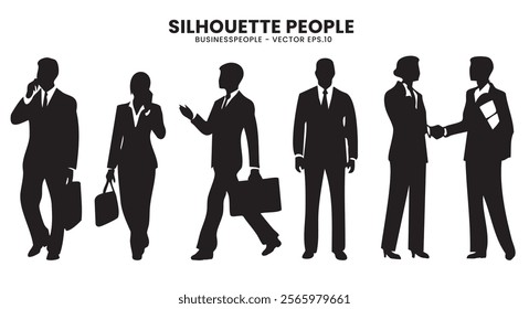 A collection of business people silhouettes in various poses, ideal for corporate and professional design projects.