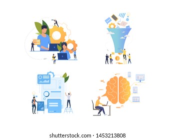 Collection of business people working on creative projects. Group of programmers writing code or building website. Flat colorful vector illustration for presentation, poster, online class