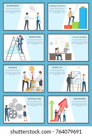 Collection of business posters with text. Isolated vector illustration of ambitious male and female employees carrying out their daily duties at work.