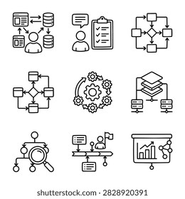 Collection of business process flow chart and diagram icons for project management and strategy
