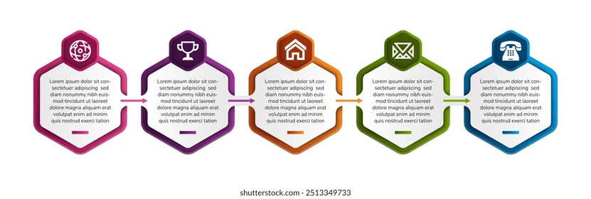collection of business process on diagram infographics design template diagram with hexagon box with arrow shape direction with 5 point step design for slide presentation vector