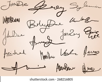 Collection of business signatures. Personal handwriting contract fictitious signature set.