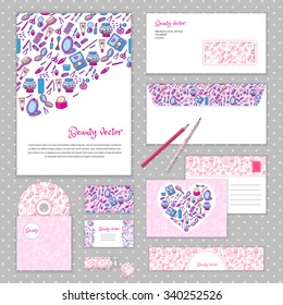 Collection of business stationary mockup with fashion cosmetics pattern.Vector corporate identity related to beauty products. Letterhead, envelope, business card, pencil, CD cover, postcard, banner.