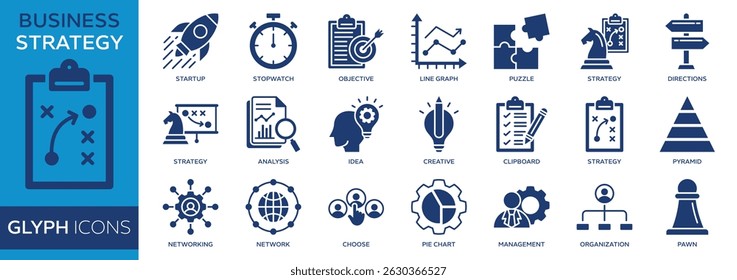 Collection of business strategy icons, related to startup, analysis, objective, management and more. Glyph icons vector illustation.