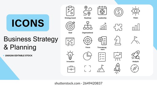 Collection of business strategy and planning icons for presentations and websites