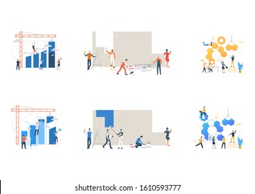 Collection of business teams constructing mechanisms. Flat vector illustrations of people launching rocket, painting wall. Teamwork concept for banner, website design or landing web page