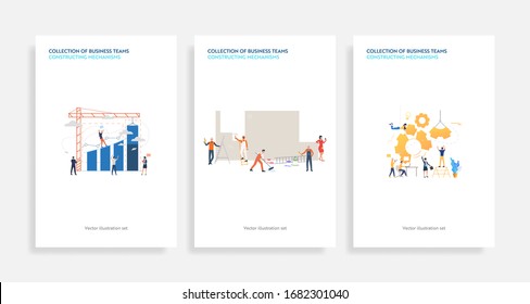 Colección de equipos empresariales que construyen mecanismos. Ilustraciones planas vectoriales de personas lanzando cohetes, paredes pintadas. Concepto de equipo para banner, diseño de sitio web o página web de inicio