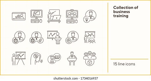 Collection of business training icons. Men in VR glasses, training on screen, sandglass. Training concept. Vector illustration can be used for topics like education, internet, business