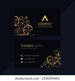 A collection of business and visiting cards. Elegant business card design with a mandala gold template. Opinions on the colors black, white, and gold. horizontal arrangement with textual room. 