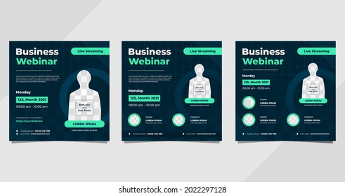 Collection of business webinar social media post templates on navy blue and green background with circle frame