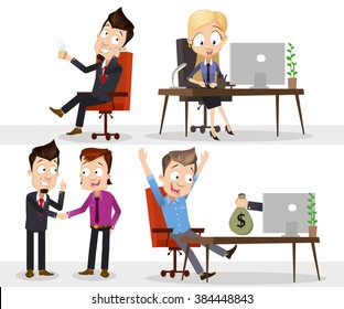 Collection of business wins. Different characters in cartoon style. Company leader drinking coffee, business lady signing contract, companions shaking hands, programmer got money from new project