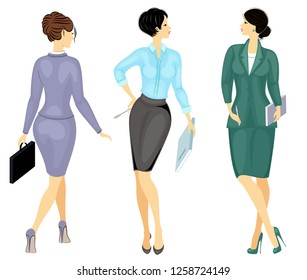 Collection. Business woman holding a folder. Business girl in a strict beautiful suit. A woman stands and walks in high heels. Vector illustration set.