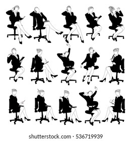 Collection of business woman sitting in an office chair in various poses.