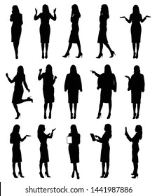 Collection of business woman or teacher wearing skirt in different situations and gestures. Easy editable vector illustration