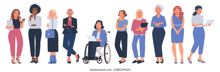 Collection of business women in office suits of different ages and races on a white background. Young and active, mature and seniors. Vector illustration in flat style