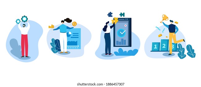 Colección de empresarios y personajes que realizan diferentes tareas de comunicación entre ellos. Ilustración vectorial en estilo plano.