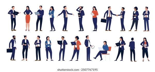 Colección de empresarios - Conjunto de personas profesionales de cuello blanco en traje trabajando con computadoras portátiles, hablando y de pie en varias poses. Paquete de Vector de diseño plano con fondo blanco