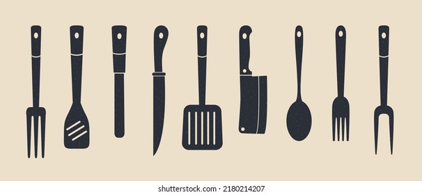 Collection of butcher and bbq supplies. Meat knives, grill fork, spatula. Kitchen tools. Vector illustration