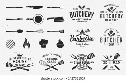 Collection of Butchery, Barbecue and Grill  logos, emblems, labels, badges. Set of 8 logo templates and 13 design elements for logo design. Vector templates