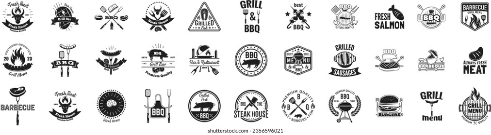 Colección de carnicería, barbacoa y logos de parrilladas, emblemas. Diseño de silueta de símbolo barbacoa o barbacoa. Ilustración del vector