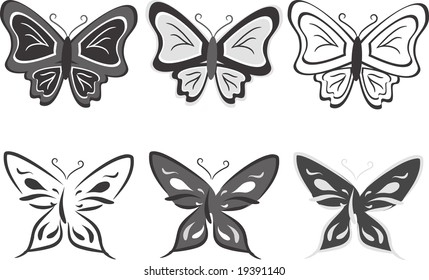 Collection of butterflies in black-and-white tones. Vector illustration