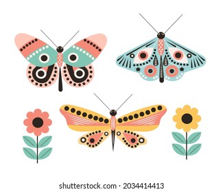 Collection of butterflies and flowers, moths, isolated on white background. Flying insects, vector illustration