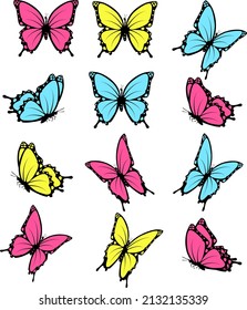 Collection of butterflies, flying in different directions. Butterfle silhouette. Vector.