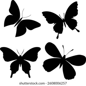 collection of butterflies icon. Various butterflies black shapes set. Design element for print, icon, tattoo. fireflies and butterflies icons isolated on white background.