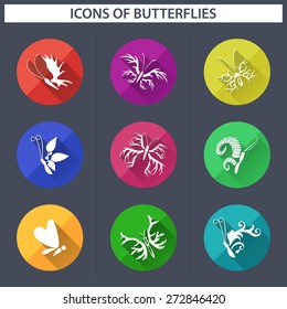 Collection of butterflies icons set with long shadow