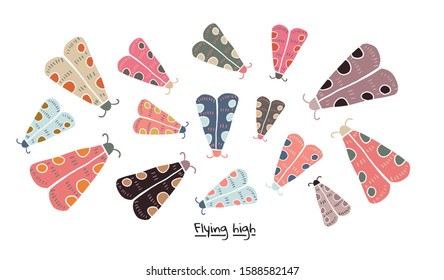 Collection of butterflies moth on white background. Scandinavian style background. For modern and original textile, wrapping paper for kids, postcards, invitations, posters