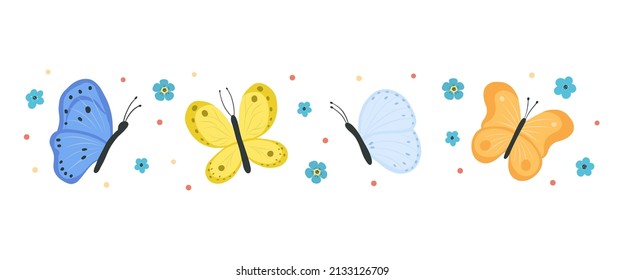 Collection of butterflies and moths isolated on white background. Set of flying insects with colorful wings. Bundle of decorative design elements. Flat vector illustration.