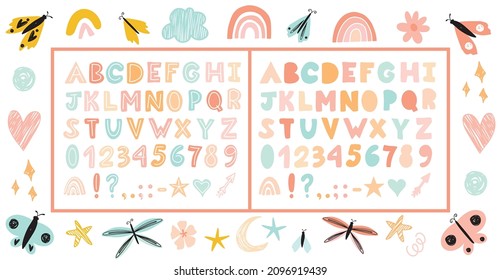 Collection of butterflies, rainbows with alphabet and numbers. Scandinavian alphabet. Set of cartoon alphabets with abstract shapes. Handmade graphic font. ABC. Scandinavian style font design. 